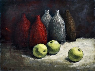 Peinture intitulée "Bottles and apples" par Rogin Viacheslav (Bashlyk), Œuvre d'art originale, Huile