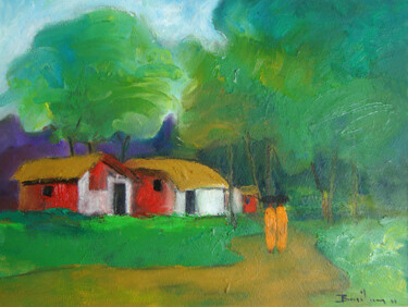 Painting titled "Village Life - Rain…" by Basil Cooray, Original Artwork, Oil Mounted on Wood Stretcher frame