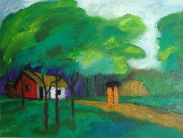 Painting titled "Village Life - Wind…" by Basil Cooray, Original Artwork, Oil Mounted on Wood Stretcher frame