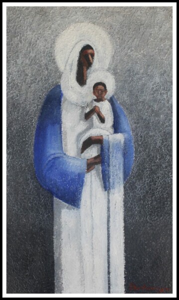 Schilderij getiteld "Motherly Love - A P…" door Basil Cooray, Origineel Kunstwerk, Acryl Gemonteerd op Frame voor houten bra…