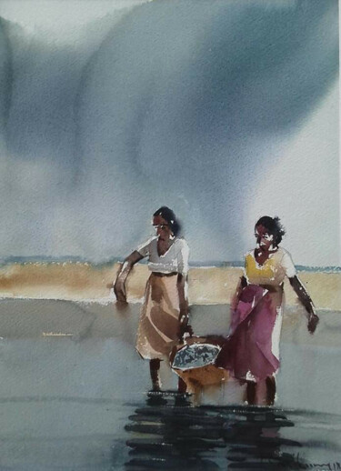 Pintura titulada "Life at Sea - Bring…" por Basil Cooray, Obra de arte original, Acuarela Montado en Vidrio