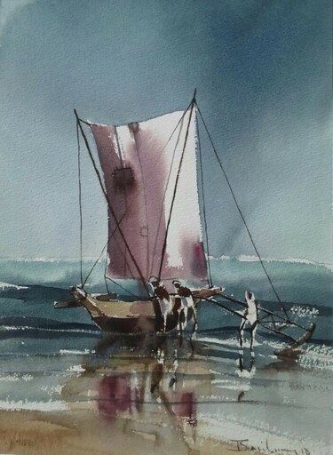 Malerei mit dem Titel "Life at Sea - End o…" von Basil Cooray, Original-Kunstwerk, Aquarell Auf Glas montiert
