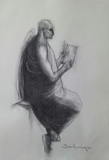 Painting titled "Solitary - Upright" by Basil Cooray, Original Artwork, Charcoal Mounted on Glass