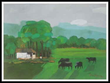 Painting titled "The Village - Simpl…" by Basil Cooray, Original Artwork, Oil Mounted on Other rigid panel