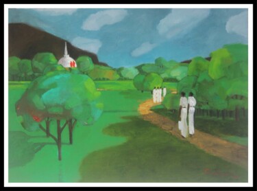 Painting titled "The Village - Seren…" by Basil Cooray, Original Artwork, Oil Mounted on Wood Stretcher frame