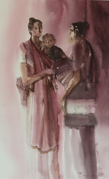 Painting titled "Parting - The Arriv…" by Basil Cooray, Original Artwork, Watercolor Mounted on Glass