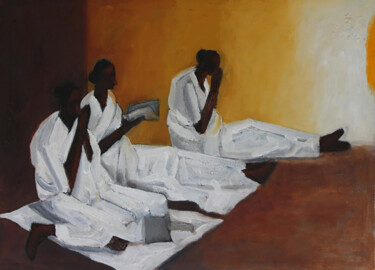 Painting titled "Religious Observanc…" by Basil Cooray, Original Artwork, Oil Mounted on Wood Stretcher frame