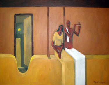 Painting titled "A New Love - Close" by Basil Cooray, Original Artwork, Oil Mounted on Wood Stretcher frame