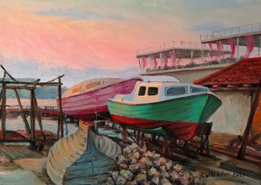 Schilderij getiteld "Old boats" door Basil Nikitin, Origineel Kunstwerk, Olie