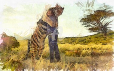 Dessin intitulée "man-hugging-tiger p…" par Basilo Enesto, Œuvre d'art originale