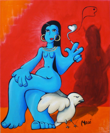 Peinture intitulée "femme bleu à la cig…" par Bastien Macé, Œuvre d'art originale, Acrylique