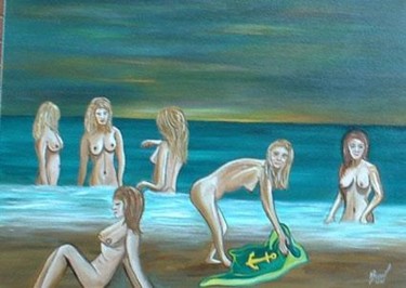 Peinture intitulée "baignade au crépusc…" par Michel Breuil, Œuvre d'art originale