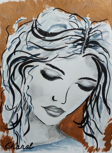 Painting titled "PORTRAIT FEMME" by Caroline Chanal Battesti, Original Artwork, Ink