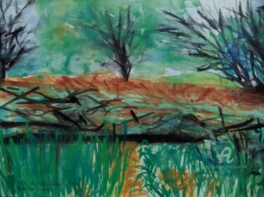 Malerei mit dem Titel "035a Au-Frühling" von Robert Bauer, Original-Kunstwerk, Aquarell