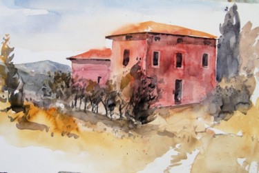 Malerei mit dem Titel "rotes Haus am Garda…" von Johannes Baul, Original-Kunstwerk, Öl