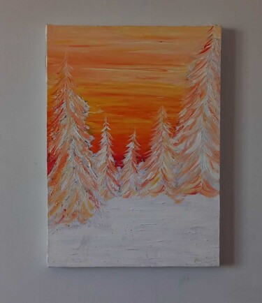 Schilderij getiteld "sunset, snow and pi…" door Bayan Mahdi, Origineel Kunstwerk, Acryl