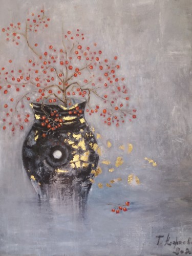 Картина под названием "Ваза с рябиной" - Тамара Кожаева, Подлинное произведение искусства, Масло