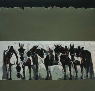 Painting titled "Khans' Horses" by Bazaa, Original Artwork, Oil