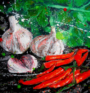 Still Life Ail et red hot chili peppers Urban POP Abstract Peinture intitulée "Still Life Ail et r…" par Bazévian Delacapucinière, Œuvre d'art originale, Acrylique Monté sur Châssis