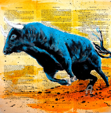 Schilderij getiteld "Toro Azul" door Bazévian Delacapucinière, Origineel Kunstwerk, Acryl Gemonteerd op Frame voor houten br…