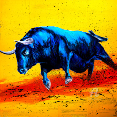 Malerei mit dem Titel "Animal Raging Bull…" von Bazévian Delacapucinière, Original-Kunstwerk, Öl Auf Keilrahmen aus Holz mon…