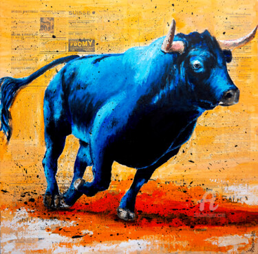 Schilderij getiteld "Animal Raging Bull…" door Bazévian Delacapucinière, Origineel Kunstwerk, Olie Gemonteerd op Frame voor…