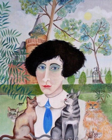 Peinture intitulée "colette et ses chats" par Francoise Bazin, Œuvre d'art originale