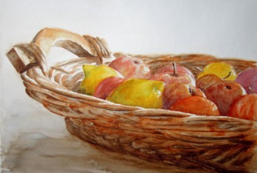 Painting titled "corbeille de fruits" by Bernard Camborde, Original Artwork, Watercolor