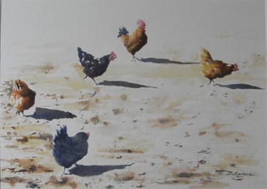 Painting titled "Les poules de Hyelz…" by Bernard Camborde, Original Artwork, Watercolor