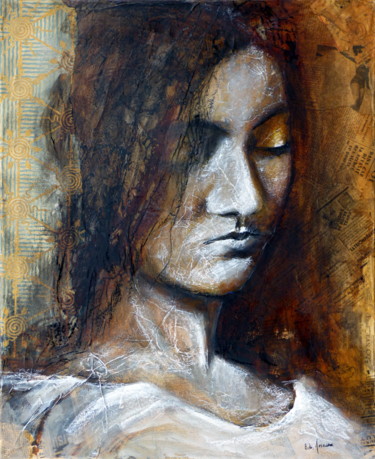 Ζωγραφική με τίτλο "Eveleen" από Bernard Des Roseaux, Αυθεντικά έργα τέχνης, Μελάνι Τοποθετήθηκε στο Ξύλινο φορείο σκελετό