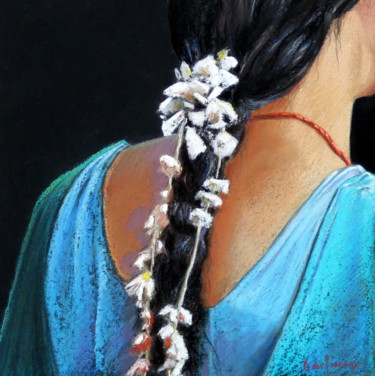 Drawing titled "Saree bleu" by Bernard Des Roseaux, Original Artwork, Pastel