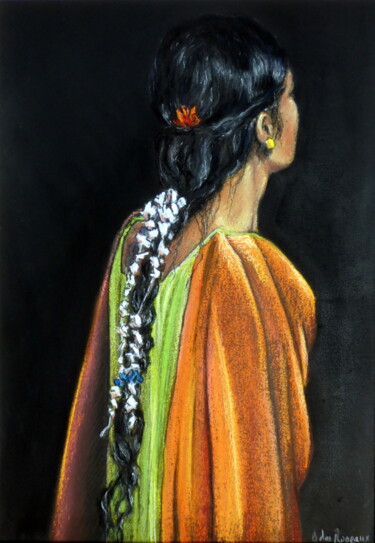 Drawing titled "Sari Orange" by Bernard Des Roseaux, Original Artwork, Pastel Mounted on Other rigid panel