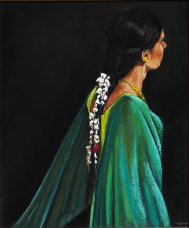 图画 标题为“Sari vert 1” 由Bernard Des Roseaux, 原创艺术品, 粉彩 安装在木板上