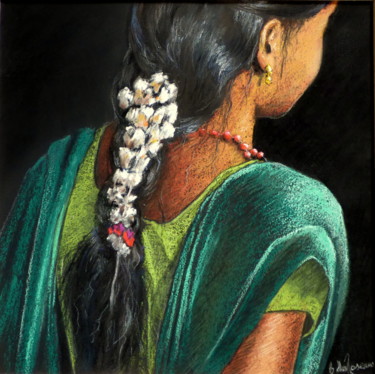 Drawing titled "Sari vert 3" by Bernard Des Roseaux, Original Artwork, Pastel