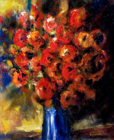 Картина под названием "Bouquet fleurs roug…" - Bernard Des Roseaux, Подлинное произведение искусства, Масло