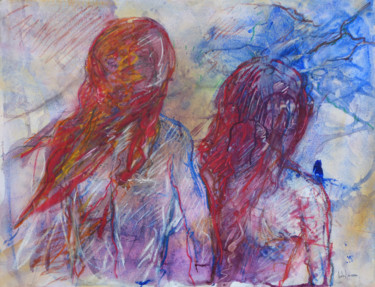 Drawing titled "Les deux soeurs" by Bernard Des Roseaux, Original Artwork, Charcoal