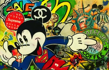 Painting titled "SUPER MICKEY AND HI…" by Bruno Degrenne, Original Artwork, Acrylic Mounted on Wood Stretcher frame