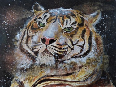 tigre en hiver Collages intitulée "tigre en hiver" par B.Dumont Renard, Œuvre d'art originale, Gouache