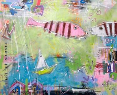 Malarstwo zatytułowany „Fishes In Love No.6” autorstwa Bea Schubert, Oryginalna praca, Akryl Zamontowany na Drewniana rama n…
