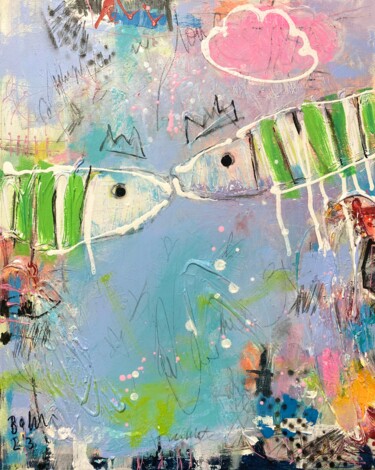 Malarstwo zatytułowany „Fishes In Love No.7” autorstwa Bea Schubert, Oryginalna praca, Akryl Zamontowany na Drewniana rama n…
