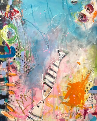 Painting titled "Fishes in Love No.9" by Bea Schubert, Original Artwork, Acrylic Mounted on Wood Stretcher frame