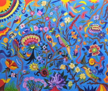 Peinture intitulée "Oiseaux multicolores" par Béa, Œuvre d'art originale, Huile