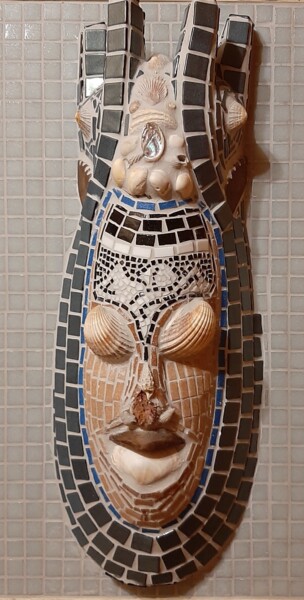 Sculpture titled "Seashell mask and M…" by Benoit Van Canneyt, Original Artwork, Mosaic Mounted on Wood Panel