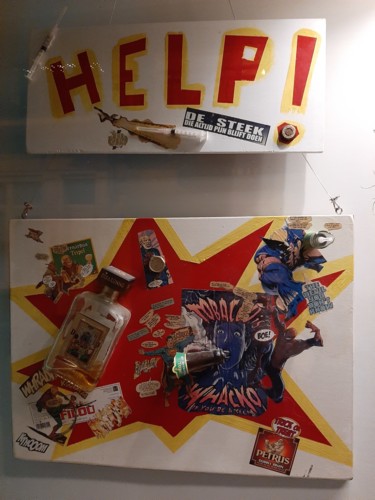 Collagen mit dem Titel "HELP dont take drugs" von Benoit Van Canneyt, Original-Kunstwerk, Collagen