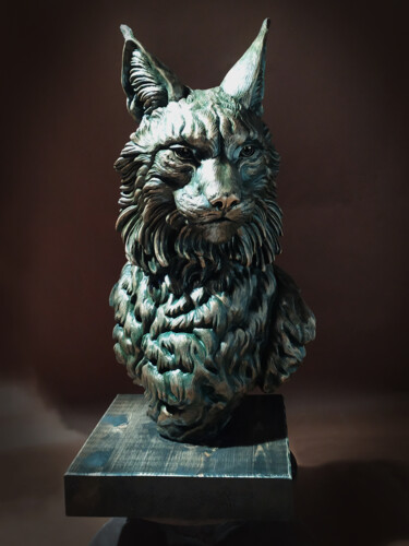 Skulptur mit dem Titel "скульптура  рысь" von Evgenii Komzev, Original-Kunstwerk, Gips Auf Holzplatte montiert