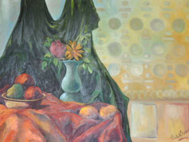 Peinture intitulée "drapés aux fleurs e…" par B De Lavaulx, Œuvre d'art originale, Huile