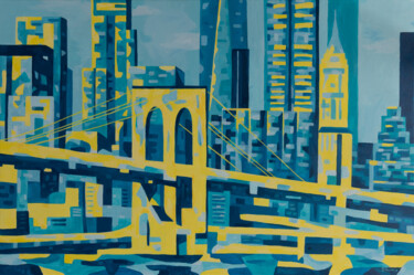 Painting titled "Brooklyn Bridge at…" by Beate Blume, Original Artwork, Acrylic Mounted on Wood Stretcher frame