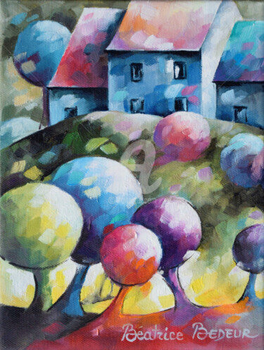 Peinture intitulée "Maisons dans la for…" par Béatrice Bedeur, Œuvre d'art originale, Huile
