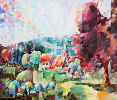 Peinture intitulée "Village de Deigne" par Béatrice Bedeur, Œuvre d'art originale, Huile