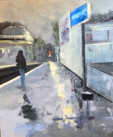 Картина под названием "Quai sous la pluie" - Béatrice Berchon, Подлинное произведение искусства, Акрил Установлен на Деревян…